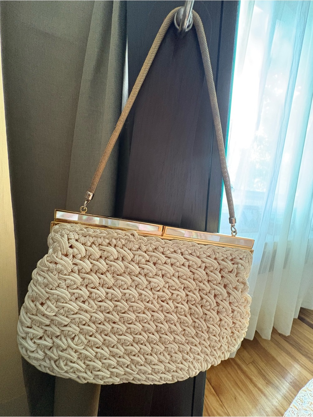 Woven Cream Shoulder Bag with Gold Frame